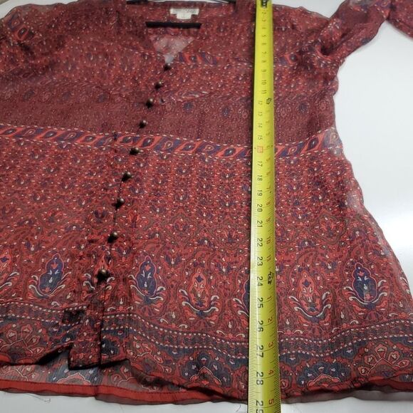 S CONVERSE oversized SEMI SHEER PRINTED BOHO maroon red TUNIC TOP small - Picture 3 of 9